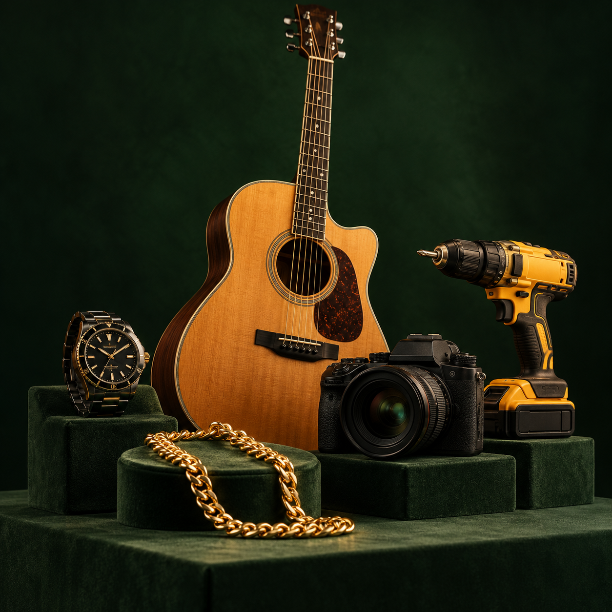 Illustrative studio arrangement of jewelry, a watch, a camera, a guitar, and tools